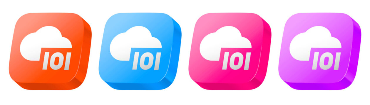 cloud binary code conceptualized as a colorful 3D glossy icon set in pink, blue, orange, and purple for virtual cash flow systems.