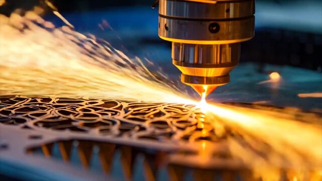 A machine cuts intricate shapes in metal with a focused beam, generating sparks