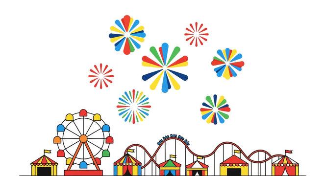 Carnival Fun: Ferris Wheel, Roller Coaster, Tents, Fireworks