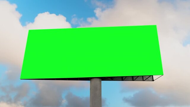 Timelapse: blank green billboard or large display and moving white clouds in the blue sky. Consumerism, time lapse, advertising, green screen, template, mock up, copy space and chroma key concept