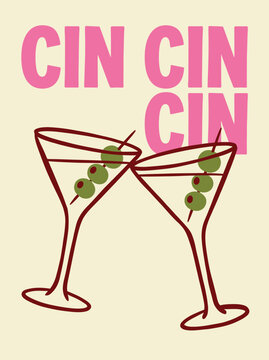 Retro Vintage Martini Glass Illustration Clinking with Olives and Pink Text for Happy Hour Celebration and Italian Lifestyle Concept