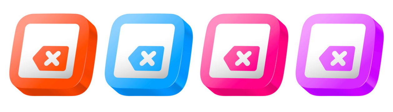 3D glossy icon set of delete key in purple, blue, pink, and orange, providing colorful elements for digital bank transactions.