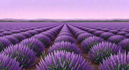 Naklejka premium Vast Lavender Field Under a Soft Purple Sky.