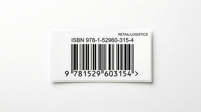 Close up of a crisp black linear barcode printed on a white label with isbn and product details set against a clean white background