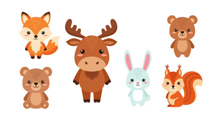 Fototapeta premium Cute Cartoon Forest Animals Collection: Fox, Bear, Moose, Rabbit, Squirrel