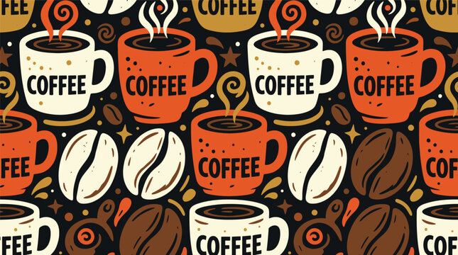 Vibrant Coffee Pattern Seamless Design with Cups Beans and Steam