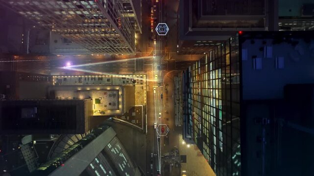 Autonomous car driving through futuristic city with connected technology, smart urban mobility, internet of things, advanced driver assistance systems at night