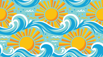 Seamless Summer Sun and Ocean Wave Pattern with Vibrant Blue and Yellow Colors for Tropical Beach Themes © Robich Art
