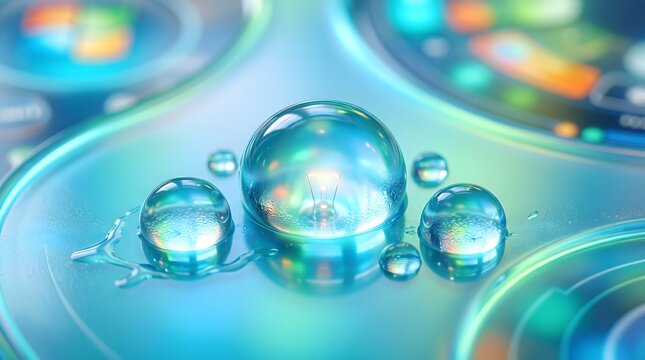 Skeuomorphic Dew-drops: Macro photography of "Dew-drop" lighting on a smooth plastic surface, "Frutiger Aero" aesthetic.