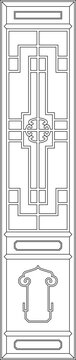 A technical minimalist line art illustration of a tall rectangular door panel featuring a complex symmetrical geometric lattice with a central traditional cross-shaped motif and an ornamental scroll e