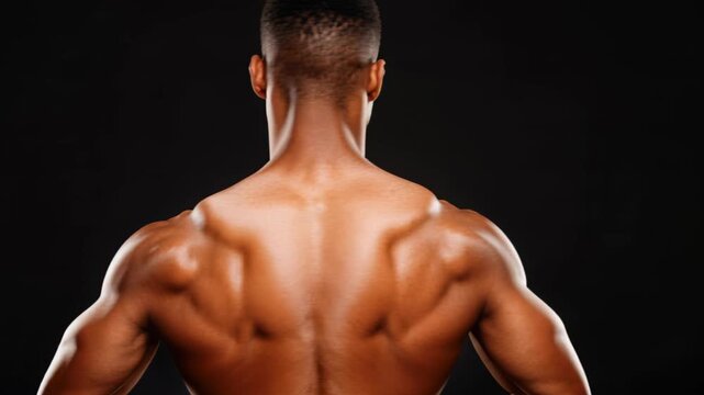 Back Muscles Detail: Close-up view of a man's muscular back, highlighting sculpted deltoids and trapezius muscles against a dark backdrop.