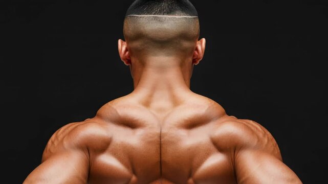 Muscular Back Detail: A close-up shot of a muscular back, highlighting the powerful and defined muscles, against a dark background.