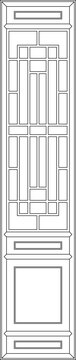 A technical minimalist line art illustration of a tall rectangular door panel featuring a complex geometric lattice design with symmetrical vertical divisions and a solid recessed bottom section.