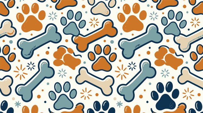 Cute Dog Paw Prints and Bones Seamless Pattern