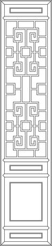 A technical minimalist line art illustration of a tall rectangular wooden door panel featuring a traditional geometric lattice design with vertical and horizontal divisions and a solid bottom section.
