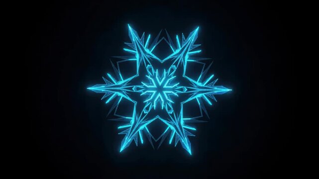 Abstract Neon Snowflake: A radiant blue neon snowflake design glows against a dark background, showcasing intricate geometric patterns and a mesmerizing, luminous effect.