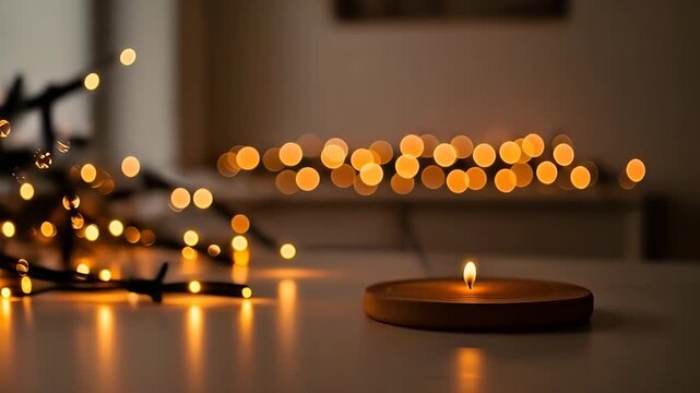 Warm Glow of a Single Candle: A solitary candle flame flickers gently, casting a warm, inviting glow on a surface, with a soft-focus string of bokeh lights in the background.