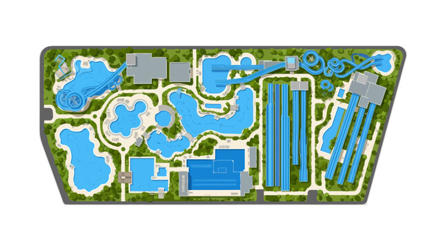 Top Down View Water Park Layout Illustration with Swimming Pools, Aqua Slides, and Lazy Rivers for Amusement Park Design