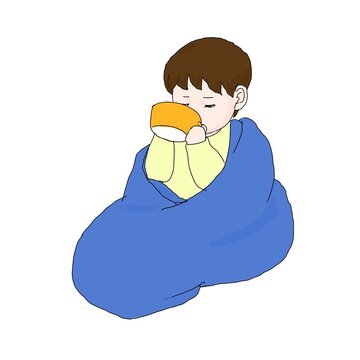 毛布に包まって食事をする子供