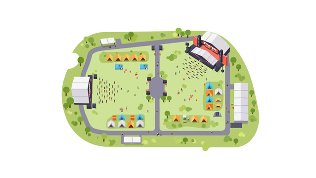 Flat Vector Music Festival Site Plan Map Illustration with Main Stage and Camping Area