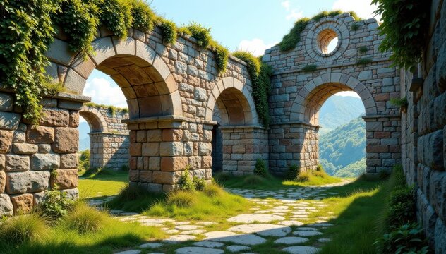 Ancient stone ruins with crumbling stonework and lichen, decayed, worn