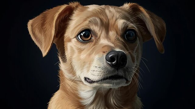Curious Canine Gaze: A close-up portrait of a charming mixed-breed dog with expressive brown eyes and floppy ears, looking intently at the viewer with a hint of curiosity and innocence.