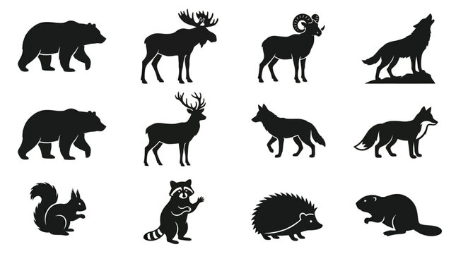 Flat silhouette vector icon set of 12 forest and mountain animals  bear walking  deer standing with antlers  wolf standing  fox side view  moose standing  wild boar side view  mountain goat standing  