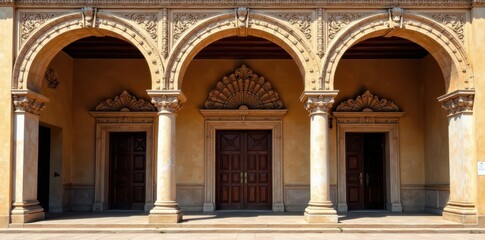 Obraz premium Arches with intricate details and ornate decorations in a colonial building facade, mexico, ornate decoration