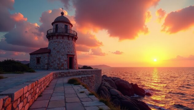Architectural details of Farol da Barra at sunset, Sunset colors, Coastal architecture