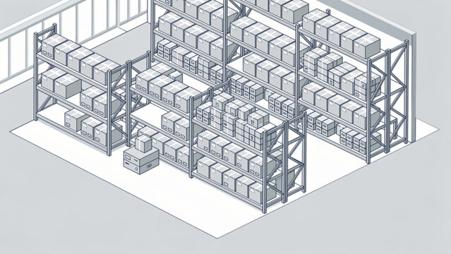 Isometric warehouse interior with shelves stacked high with cardboard boxes for storage