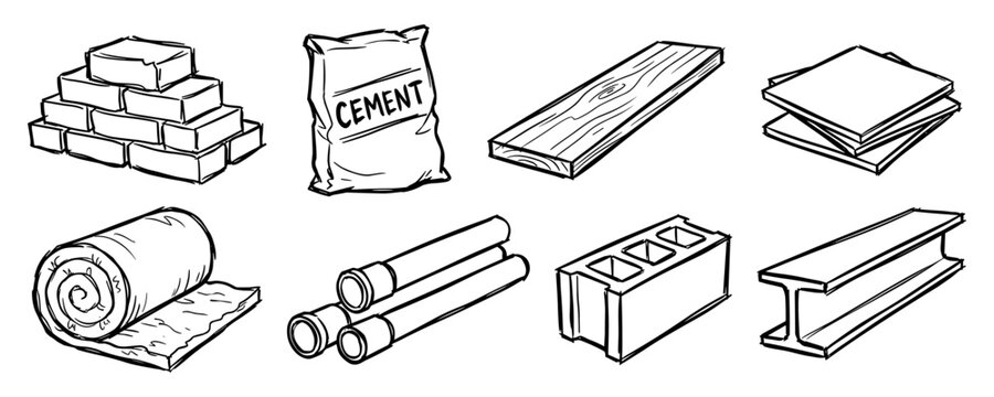 Construction materials doodle set with bricks, cement, wood, insulation, pipes and beams vector illustration