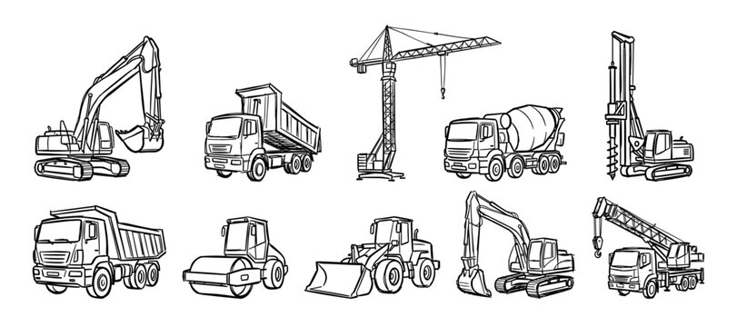 Construction machinery doodle set with excavator, dump truck, crane, cement mixer, bulldozer and loader vector illustration