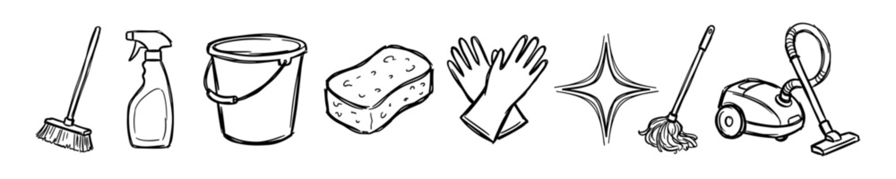 Cleaning tools and supplies doodle set with broom, spray, bucket, sponge, gloves, mop and vacuum vector illustration