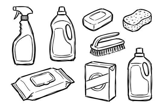 Household cleaning supplies doodle set with spray, detergent, soap, sponge, wipes and brush vector illustration