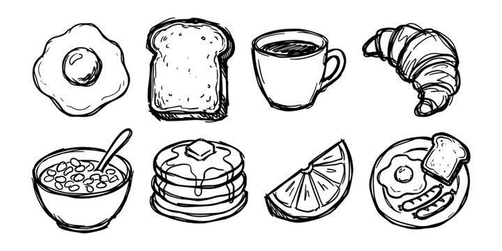 Breakfast food doodle set with fried egg, toast, coffee, croissant, cereal, pancakes, orange slice and full breakfast plate vector illustration