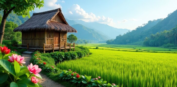 Bamboo hut surrounded by vibrant flowers and lush greenery in rice paddy field, wooden, water