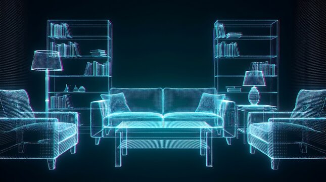Futuristic abstract living room furniture rendered in a wireframe hologram with coffee table hologram wireframe furniture