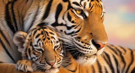 Obraz premium Tender Mother Tiger with Her Sleeping Cub