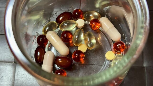Omega capsules in glass jar on black mat, closeup still life showing amber softgels and white capsules pooled at jar base.