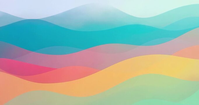Abstract colorful wave background featuring smooth gradient shapes and soft pastel wave pattern with overlapping translucent layers blue, pink, yellow, green tones creating calm soothing abstract
