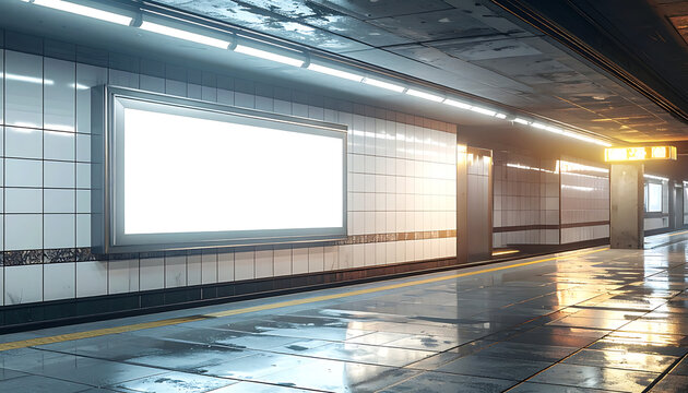 Modern empty subway station platform with a blank billboard, wet reflective floor, and bright futuristic lighting, urban transit concept