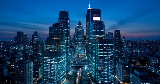 Modern city skyline at night with illuminated skyscraper buildings and blue lighting, vibrant urban architecture, busy street traffic below under dark sky creating dynamic atmosphere