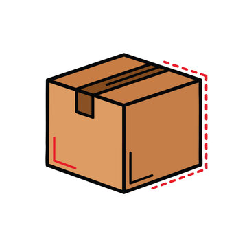 Isometric cardboard box icon with dashed red outline.