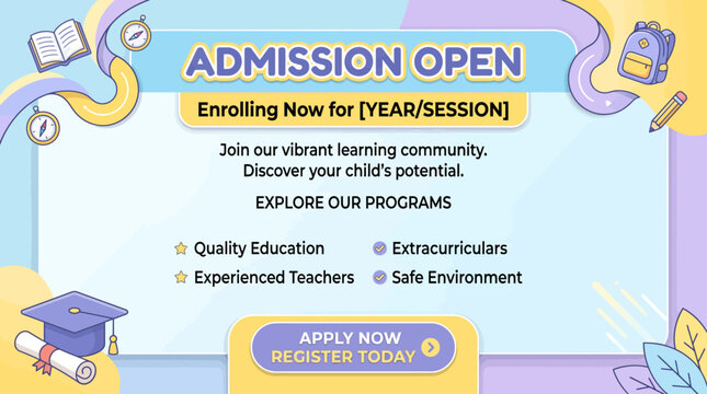 Admission open educational flyer with colorful illustrations and enrollment details for school or university
