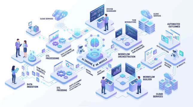Isometric ai engine and data processing workflow infographic illustration featuring cloud computing servers machine learning operations automation pipelines and digital analytics integration systems