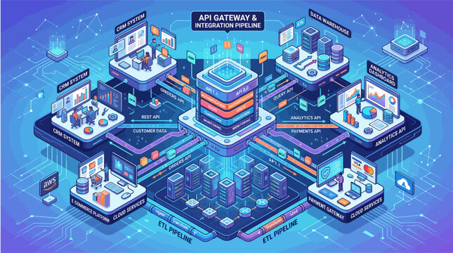 Api gateway and integration pipeline architecture diagram showing centralized server hub connecting cloud services data analytics and enterprise systems in a detailed isometric digital technology