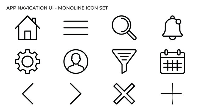 Minimalist monoline app navigation ui icon set featuring essential symbols for mobile interface design including home search settings user profile filter calendar and navigation controls in black
