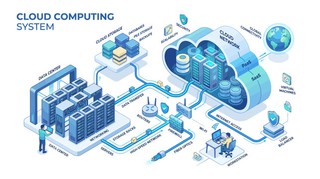 Cloud computing system infrastructure diagram with servers data centers networking and global connectivity isometric illustration showing digital information flow and secure data management