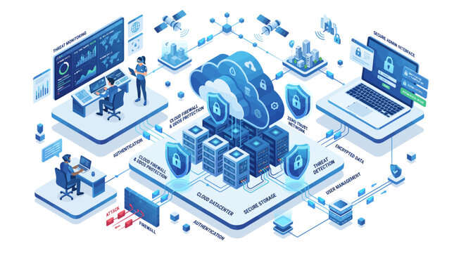 Cloud computing infrastructure and cybersecurity network architecture diagram featuring data servers and secure digital protection systems in a minimalist isometric blue illustration design concept