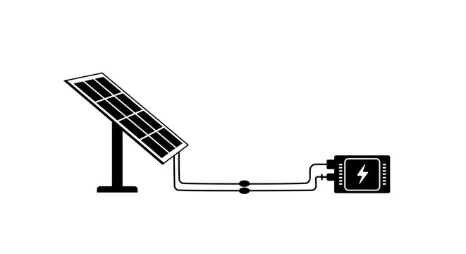 A minimalist black and white line art illustration of a solar panel system connected to a battery storage unit,  depicts the process of capturing renewable energy from the sun and storing it for power